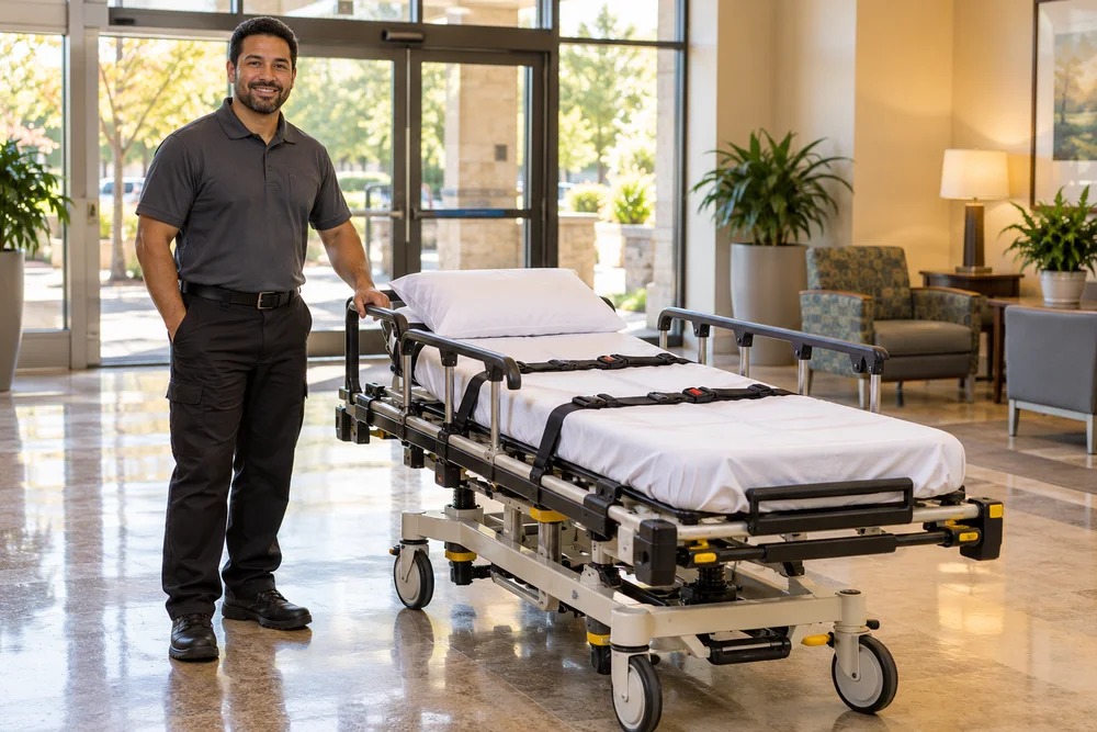 KC Premier Care transport attendant beside medical stretcher gurney at healthcare facility